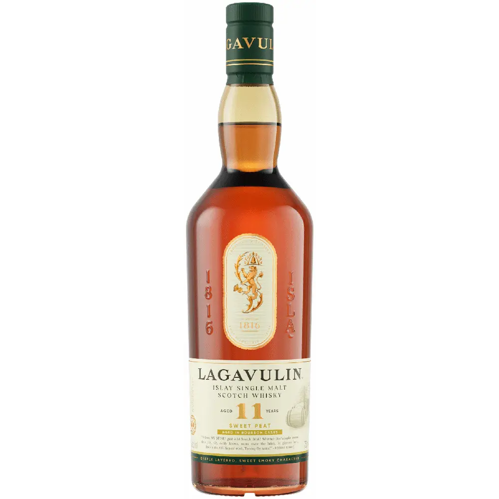 Lagavulin whisky bottle on a white background