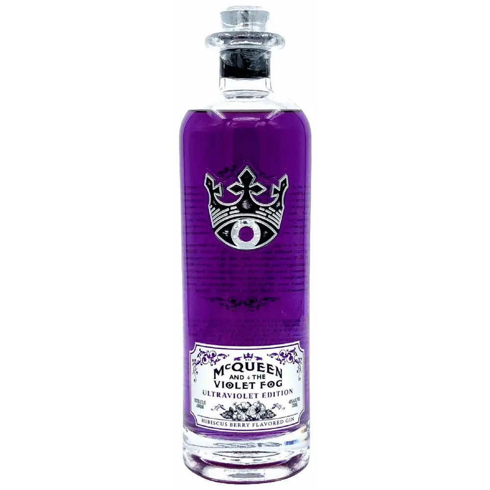 Purple bottle with a distinctive label on a white background