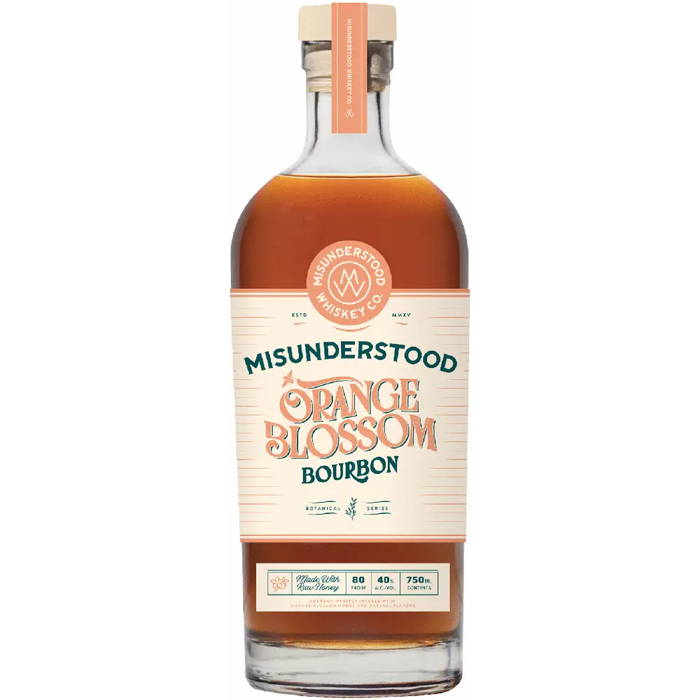 Bottle of Misunderstood Orange Blossom Bourbon on a white background