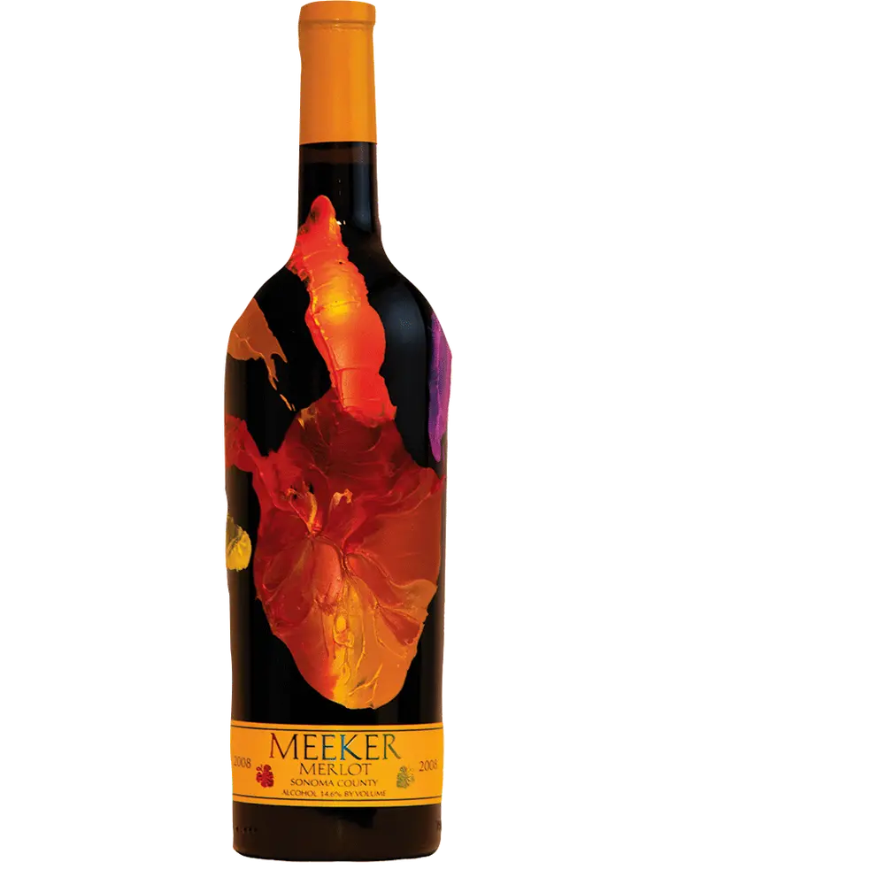 Wine bottle with colorful label on a white background