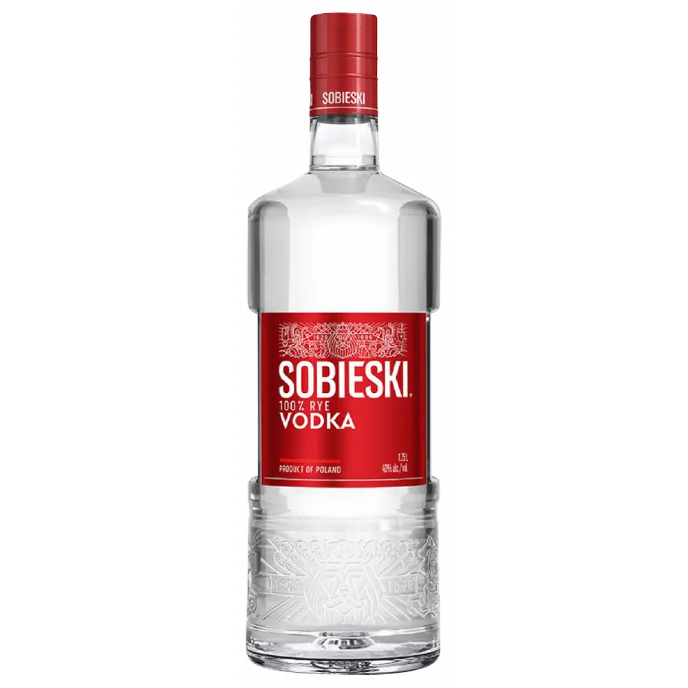Sobieski vodka bottle with a red label on a white background