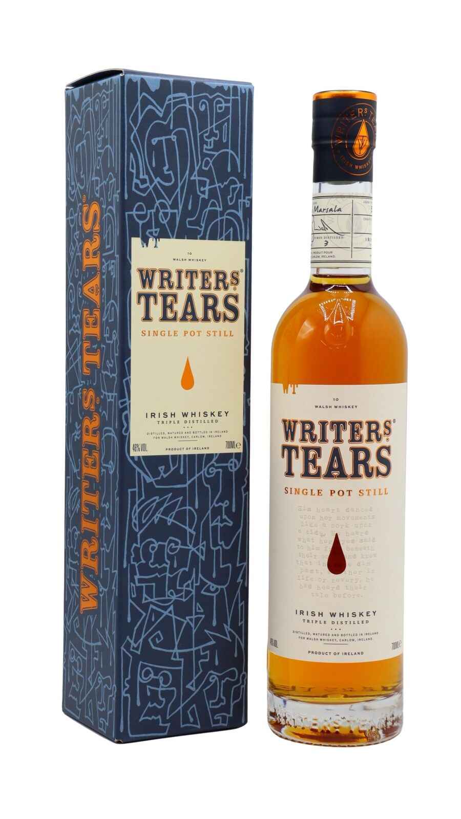 Writer's Tears Irish whiskey bottle and packaging on a white background