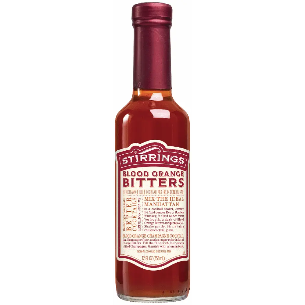 Bottle of Stirrings Blood Orange Bitters on a white background