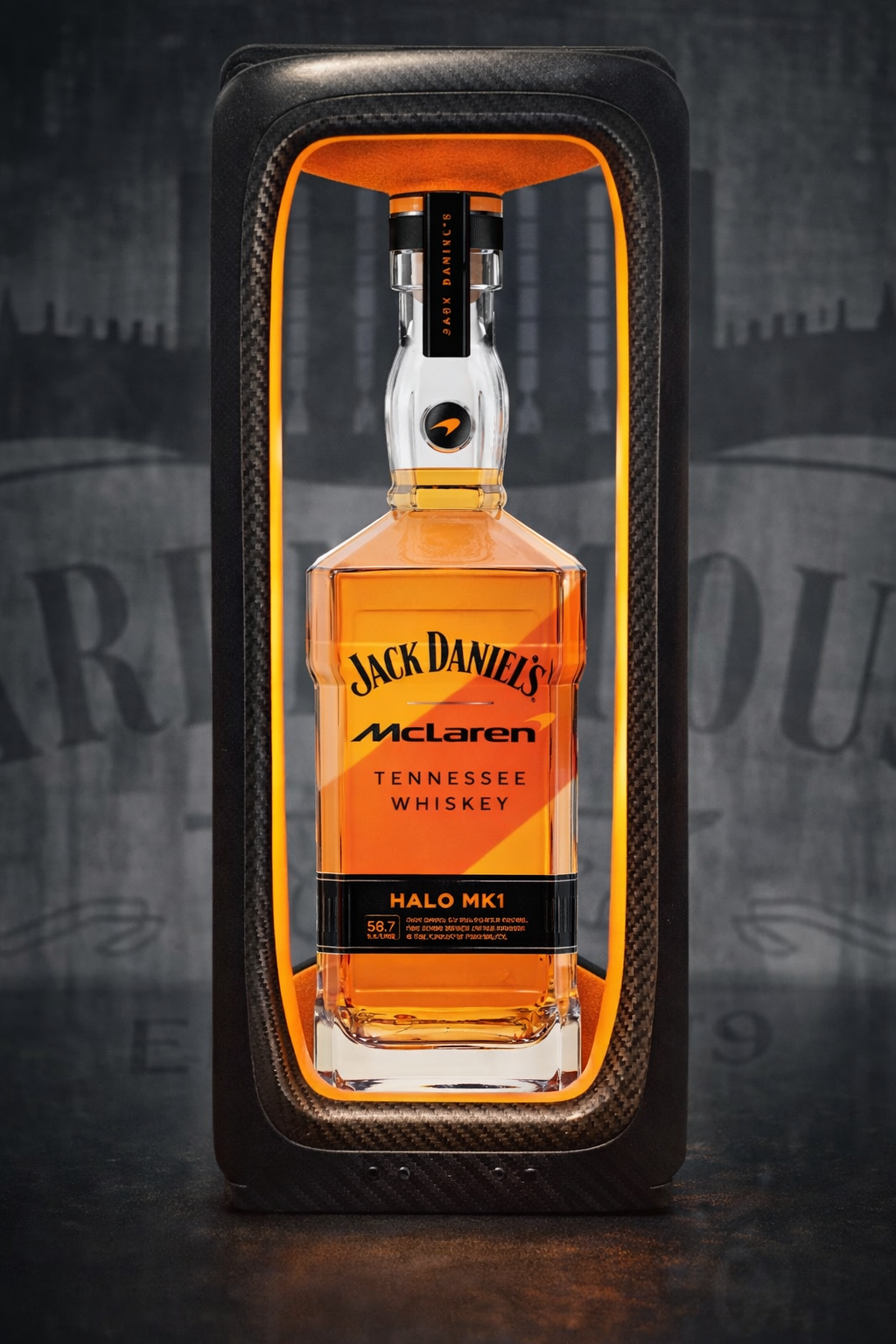 Jack Daniel's Tennessee Whiskey bottle in a McLaren packaging on a dark background