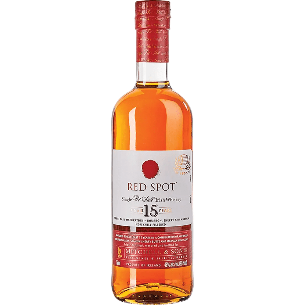 A bottle of Red Spot Single Pot Still Irish Whiskey with a label indicating it is 15 years old, 750ml.