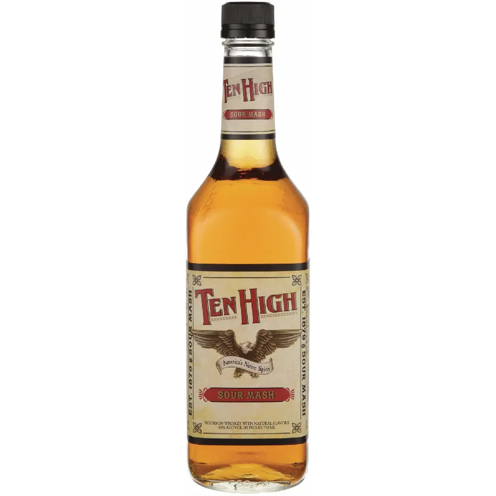 Bottle of Ten High sour mash whiskey on a white background