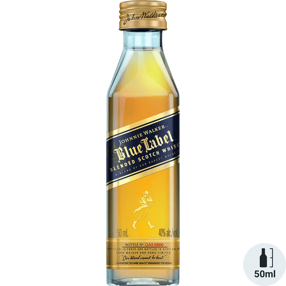 A bottle of Johnnie Walker Scotch Blue Label Blended Scotch Whisky, 50ml size, with a label displaying the brand, type of whisky, and volume information.