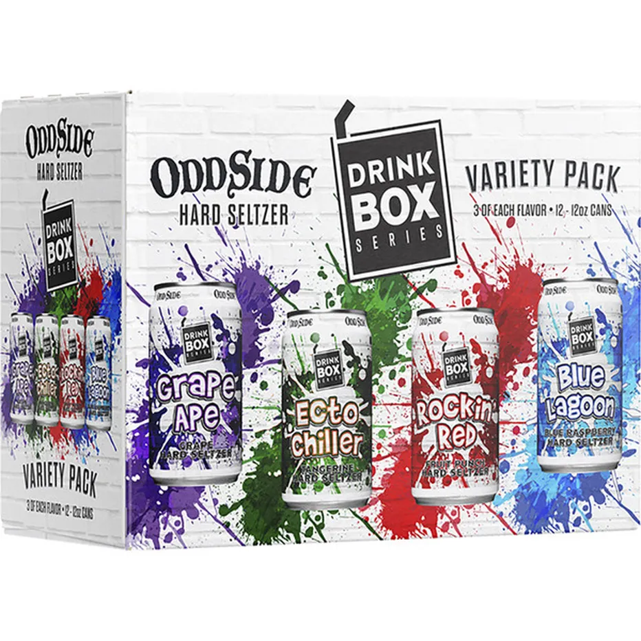 Odd Side Hard Seltzer Drink Box Series Variety Pack packaging with colorful splashes on a white background.