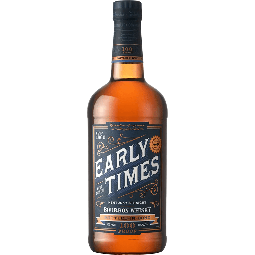 A bottle of Early Times Bottled In Bond bourbon whiskey with a label displaying the brand name, alcohol volume, and flavor notes.