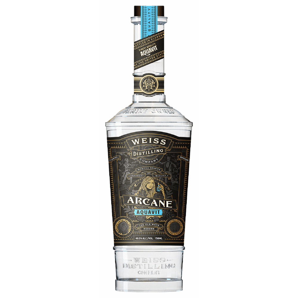 Bottle of Weiss Distilling Company Arcane Aquavit on a green background