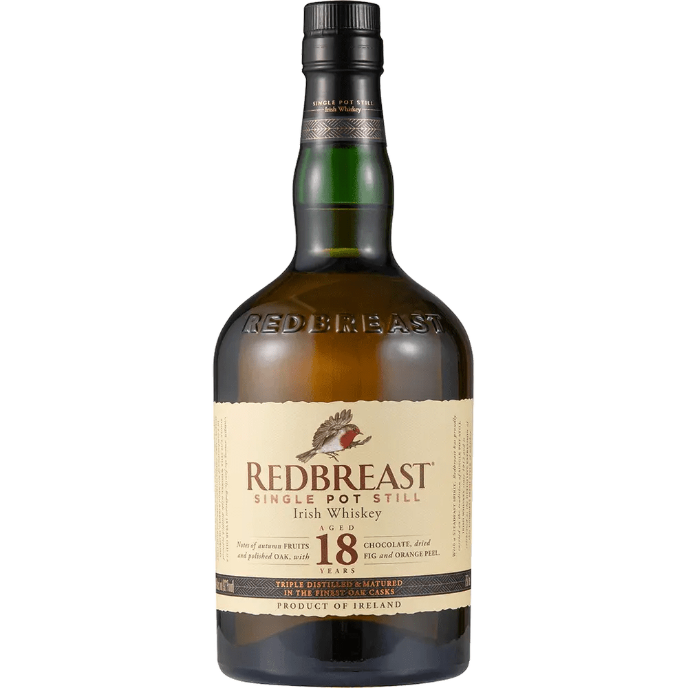 A bottle of Redbreast 18 Yr Single Pot Still Irish Whiskey with a label displaying the brand, product name, and alcohol volume.