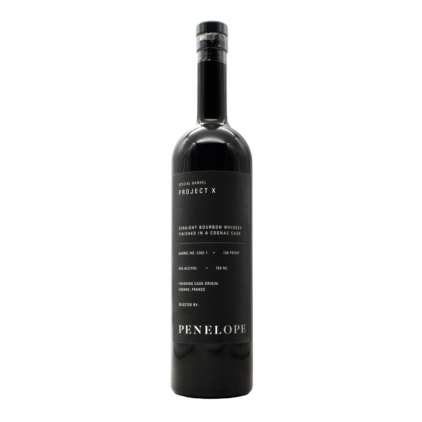 Black bottle of Penelope Project X whiskey on a white background