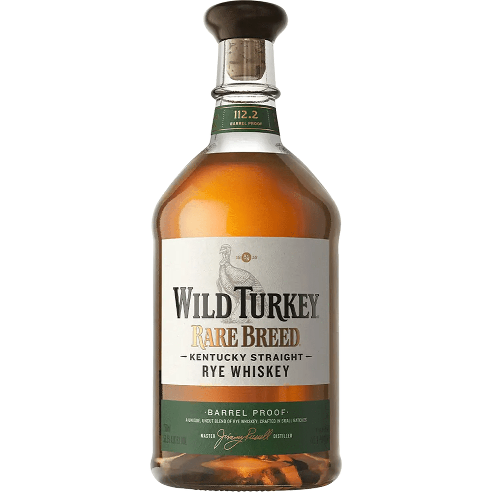 A bottle of Wild Turkey Rare Breed Kentucky Straight Rye Whiskey at barrel proof.