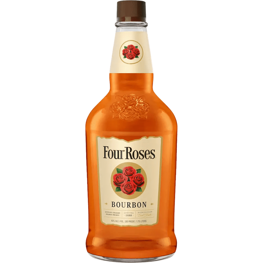 A bottle of Four Roses Bourbon with a label featuring a rose motif and the bourbon's proof and ABV indicated.