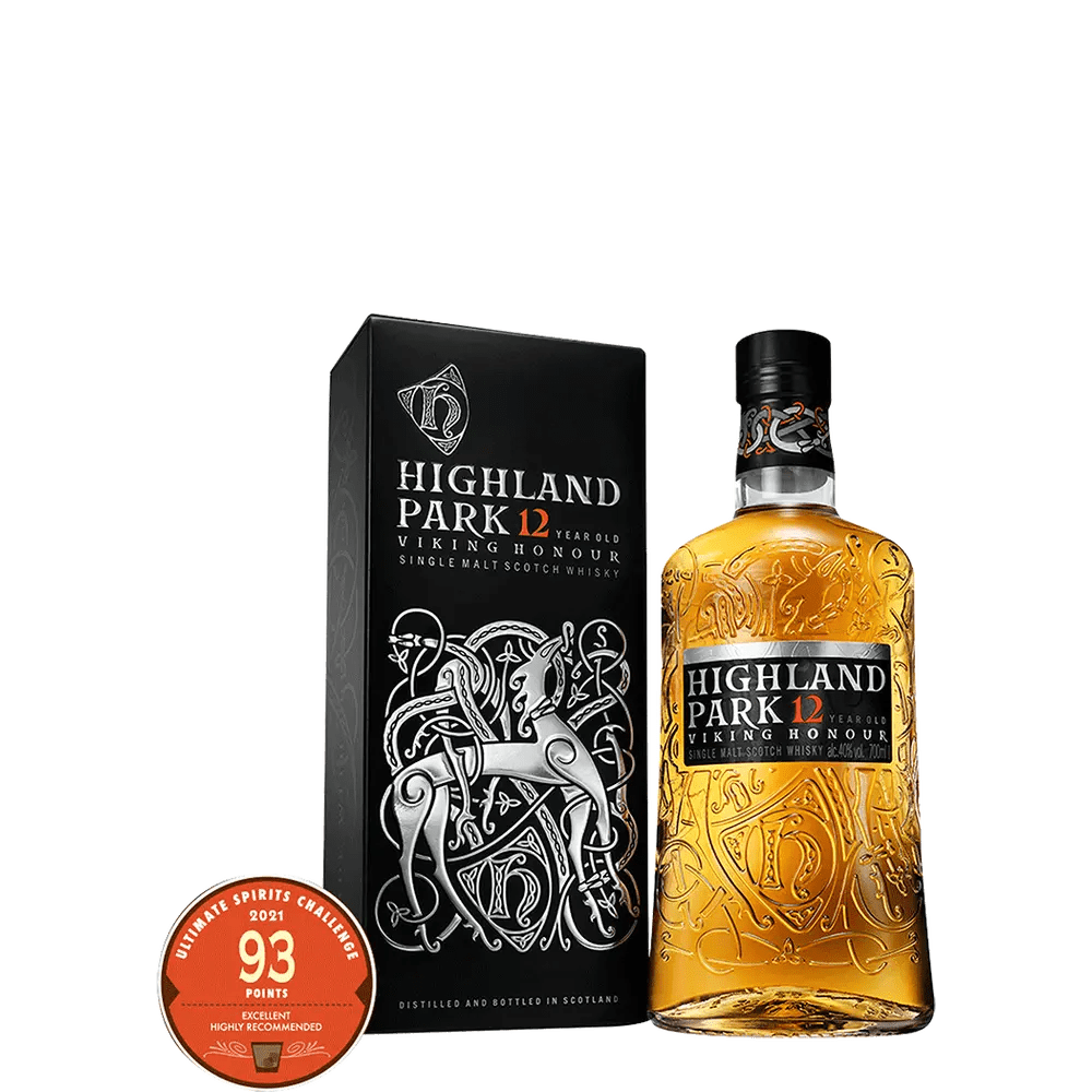 A bottle of Highland Park 12 Year Single Malt Scotch with its packaging, displaying the whisky's color and the branding, including any logos or decorative elements.