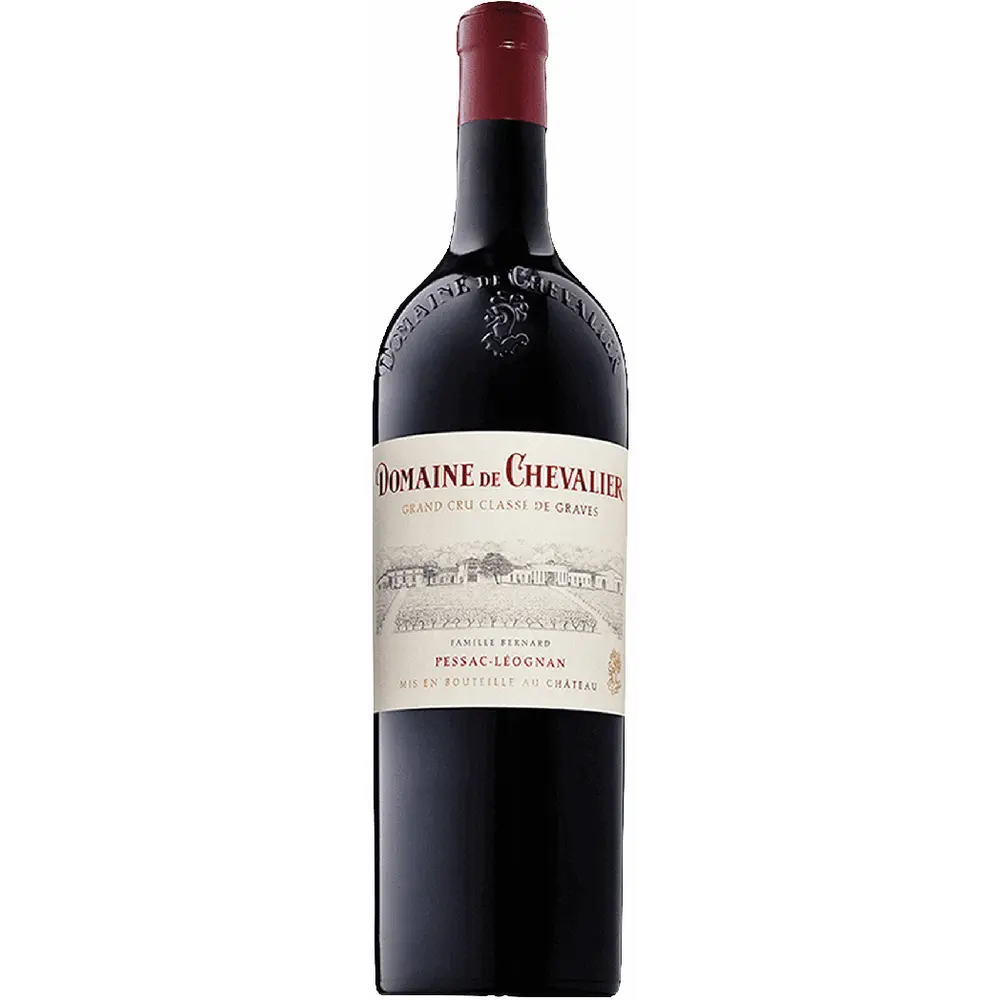 Red wine bottle with 'Domaine de Chevalier' label on a white background