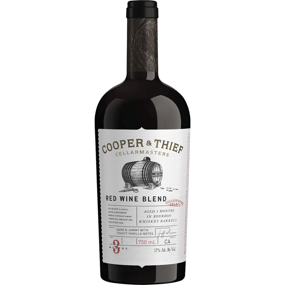 A bottle of Cooper & Thief Red Wine Blend, indicating it is a product of theirs with a graphic of a barrel on the label.
