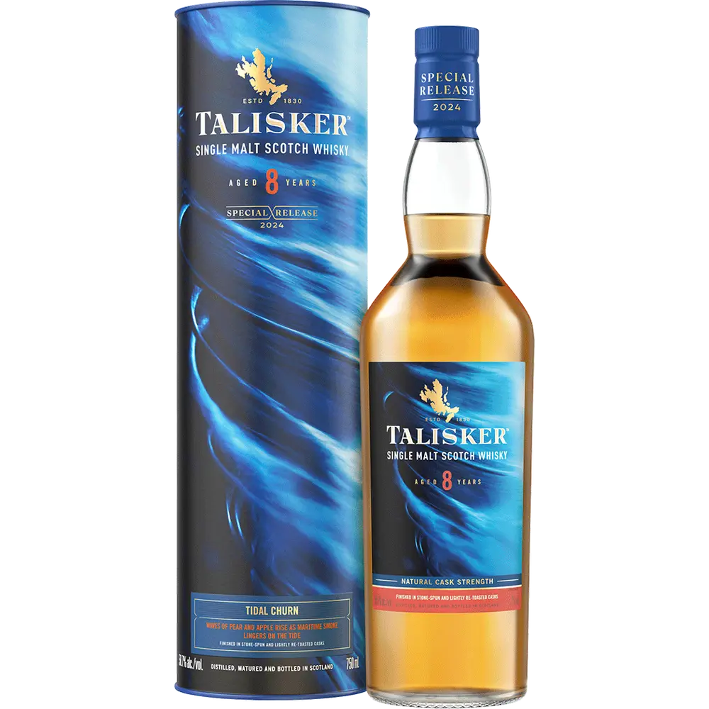 Talisker Single Malt Scotch Whisky Tidal Churn bottle and packaging on a white background