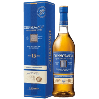 Glenmorangie 15 Year Cadboll American Oak Bourbon Cask, showing the bottle and packaging with blue and white labeling.