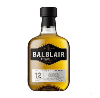 A bottle of Balblair Scotch Single Malt American Oak whiskey with a label indicating it is 12 years old and a product of The Bottling Company Ltd.
