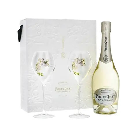 Perrier-Jouèt champagne bottle with two glasses in a gift box on a white background