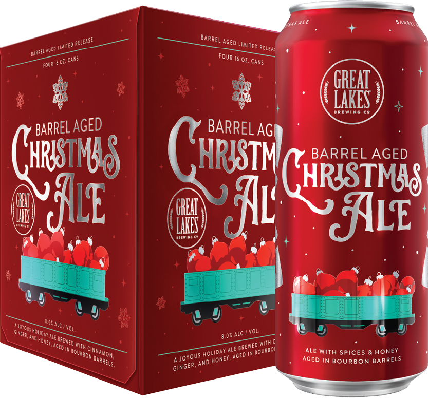 Red can and box of Great Lakes Barrel Aged Christmas Ale with festive design.