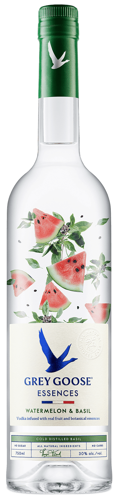 Grey Goose Essences Watermelon & Basil, 750ml bottle with green cap and watermelon and basil illustrations.
