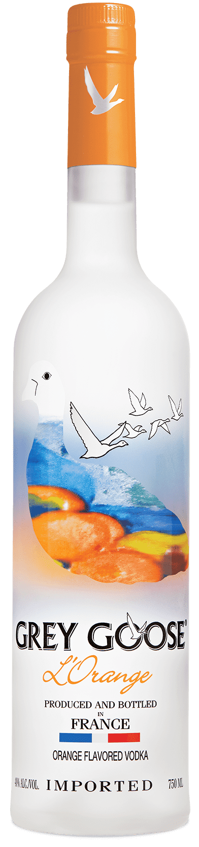 Grey Goose L'Orange orange-flavored vodka, 750ml frosted bottle with orange cap and orange fruit design.