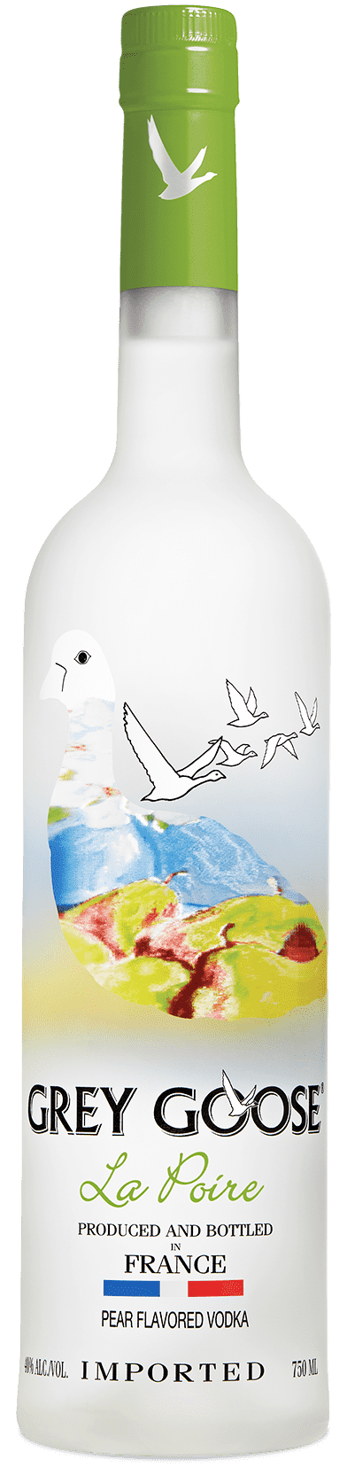 Grey Goose La Poire pear-flavored vodka, 750ml frosted bottle with green cap and pear design.