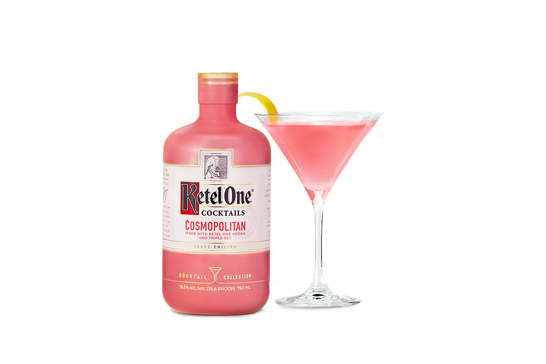 Ketel One Vodka Cosmopolitan bottle with a prepared cocktail