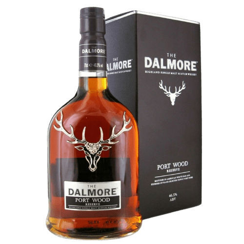A bottle of Dalmore Portwood Reserve Single Malt Scotch Whisky with the brand's box packaging. The bottle has a label with the brand name, product name, and proof details, set against a dark background.