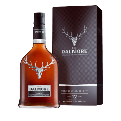A bottle of The Dalmore Sherry Cask Select single malt Scotch whisky with a stag's head on the label, accompanied by its packaging box.