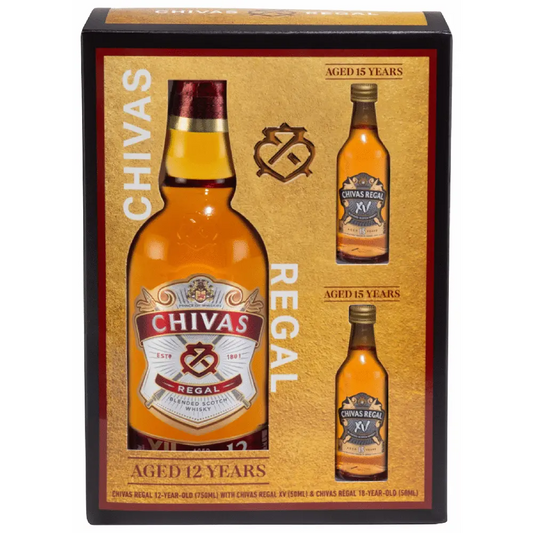 Chivas Regal whisky gift set packaging with bottles and box on a white background