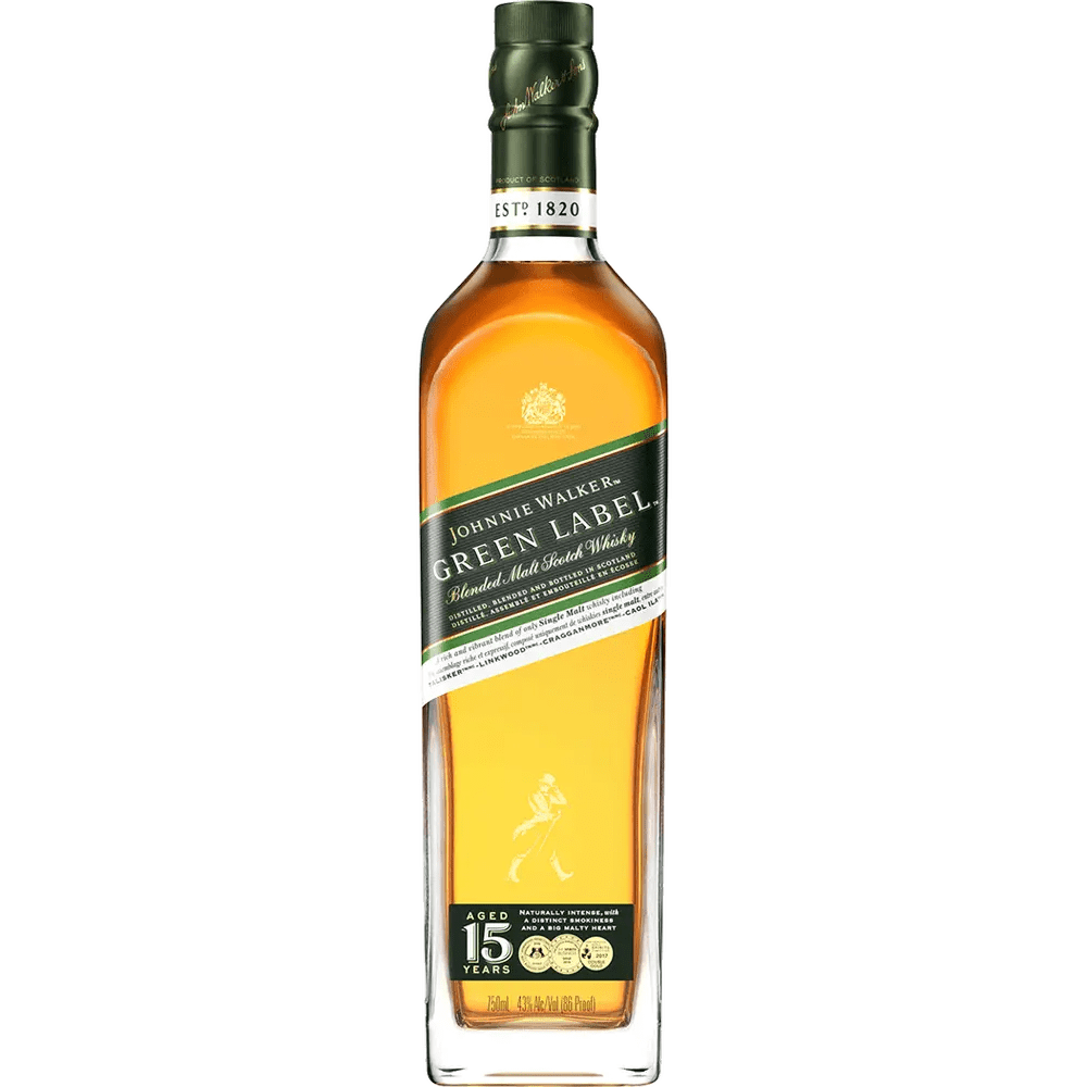 A bottle of Johnnie Walker Scotch Green Label blended Scotch whisky, with a yellow label and the brand's logo.