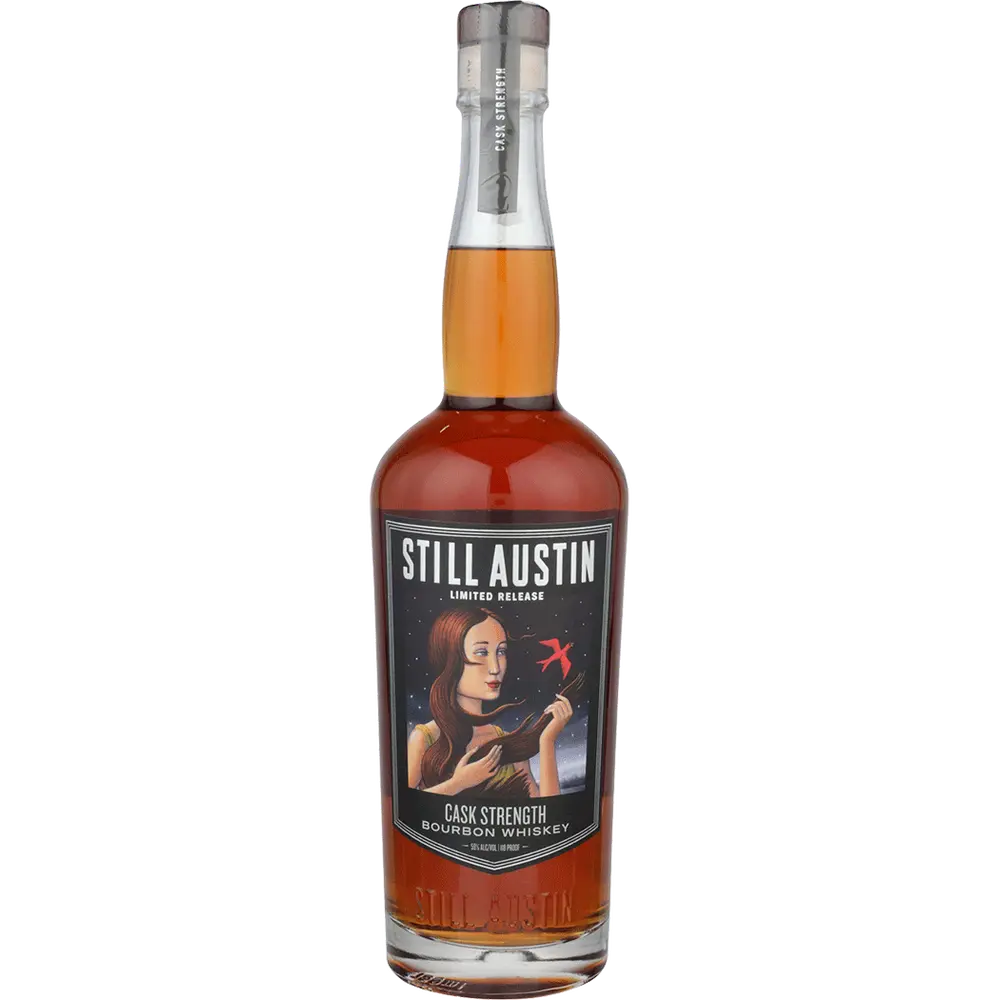 Bottle of Still Austin Cask Strength Bourbon Whiskey on a white background