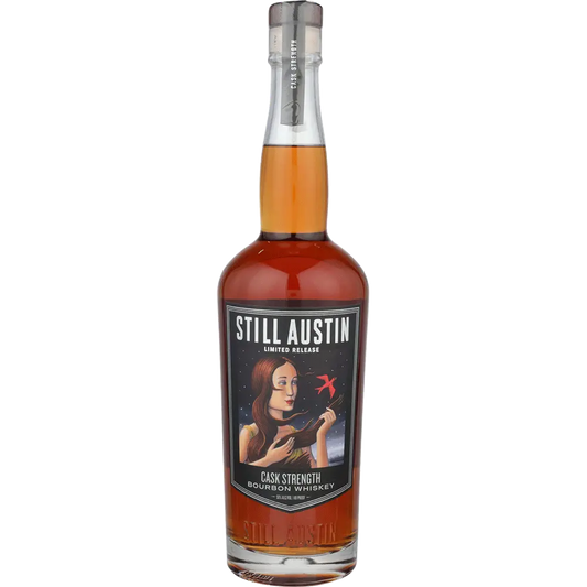 Bottle of Still Austin Cask Strength Bourbon Whiskey on a white background