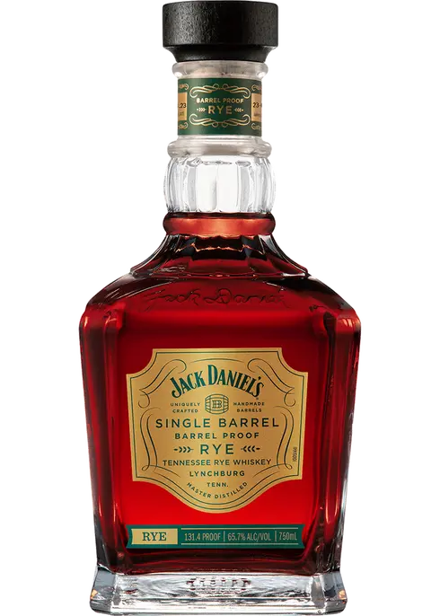 A bottle of Jack Daniel's Single Barrel Barrel Proof Rye whiskey with a red label.