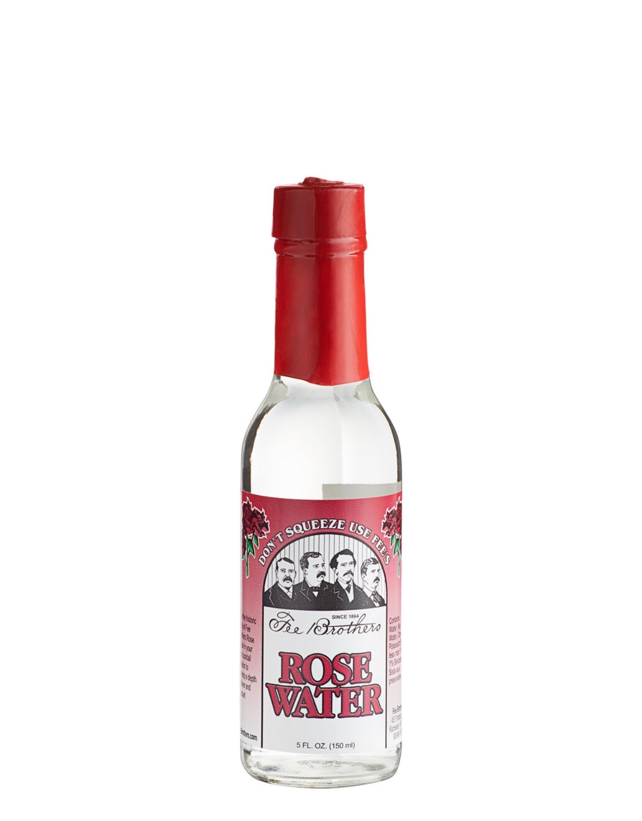 Bottle of rose water with a red cap on a white background