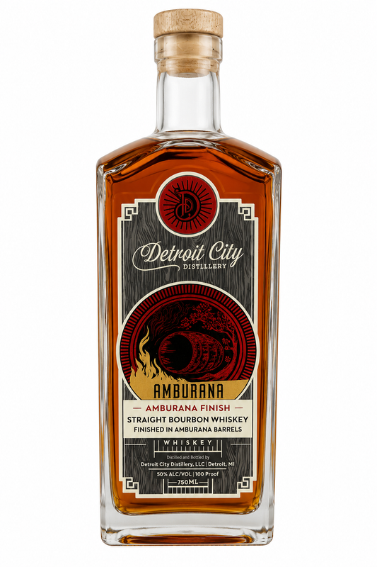 Bottle of Detroit City Distillery Amburana finish straight bourbon whiskey on a white background