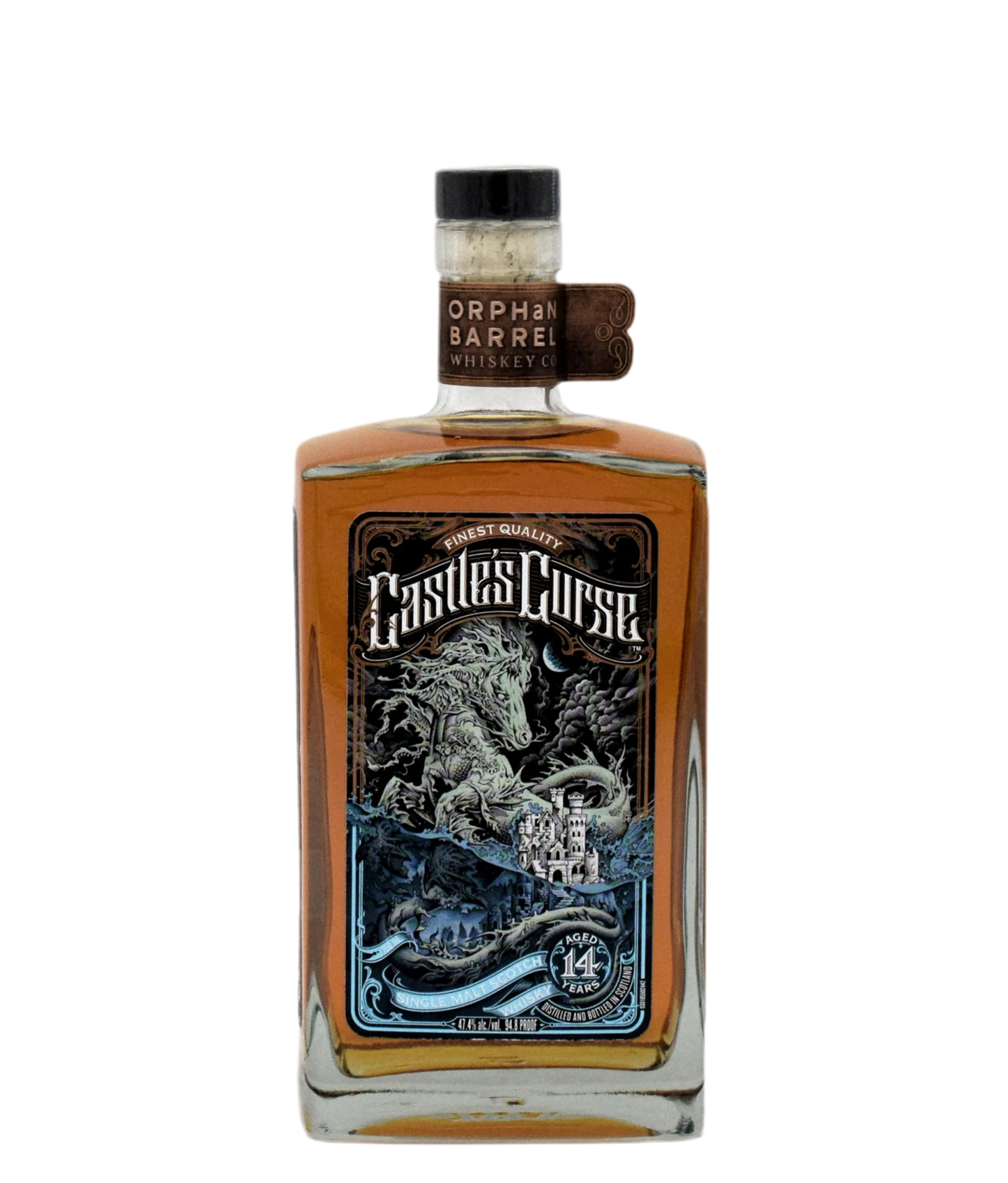 Bottle of Castles Curse whiskey with a detailed label on a white background