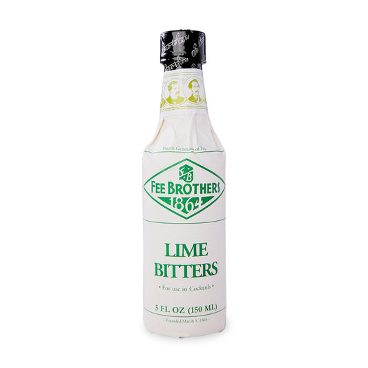 A bottle of Fee Brothers Lime Bitters with a label showing the brand name, product name, and a graphic of a lime.