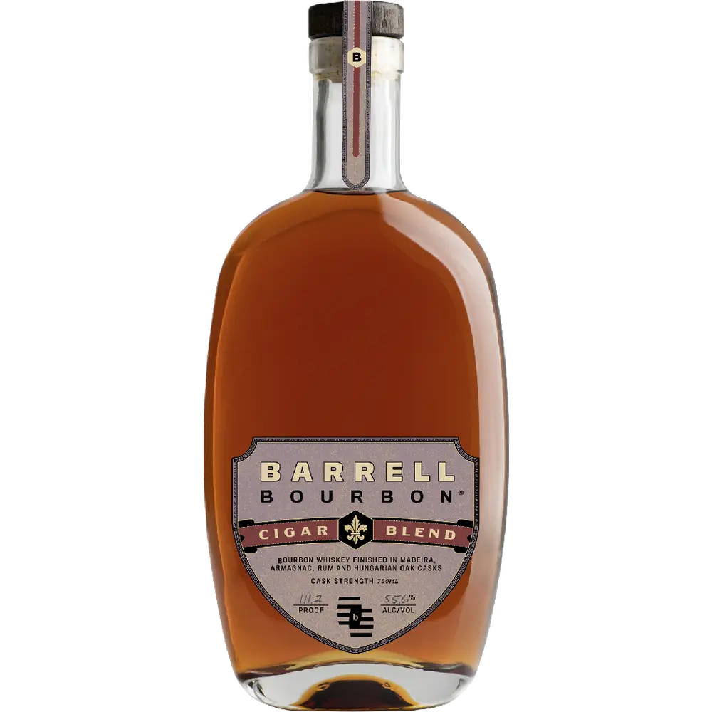 A bottle of Barrel Bourbon Cigar Blend bourbon whiskey, showing the amber liquid through a clear glass bottle with a detailed label and a dark stopper, isolated on a white background.