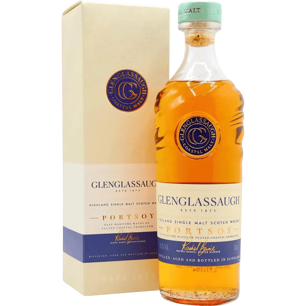 Glenglassaugh Portsoy Single Malt Scotch Whisky, with the bottle in front of the packaging box. The packaging has the brand logo and product name, and is tinted with a pale green hue.