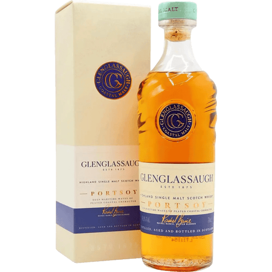 Glenglassaugh Portsoy Single Malt Scotch Whisky, with the bottle in front of the packaging box. The packaging has the brand logo and product name, and is tinted with a pale green hue.