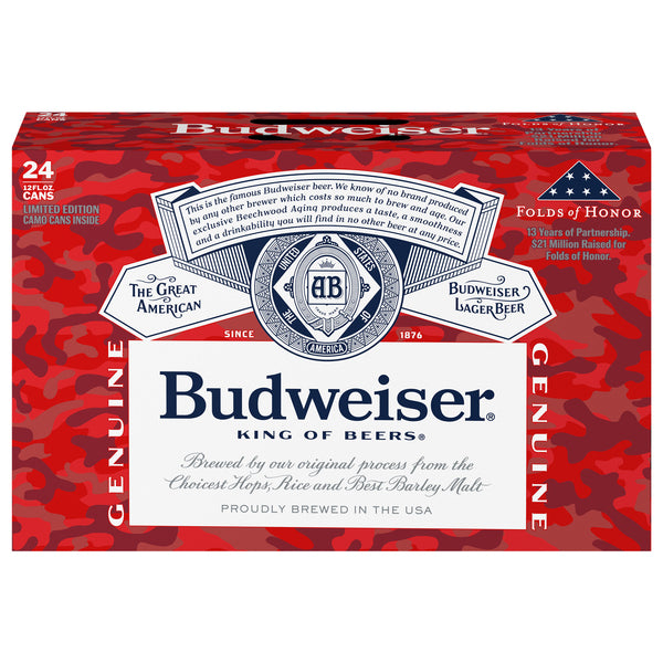 Budweiser Beer, 24 Pack Beer, 12 FL OZ Can