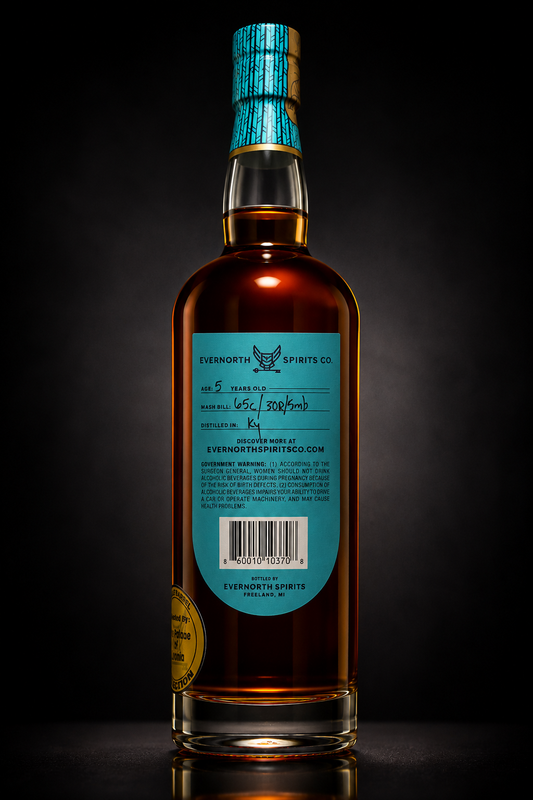 Bottle of Evernought Sports Co. whiskey with a blue label on a dark background