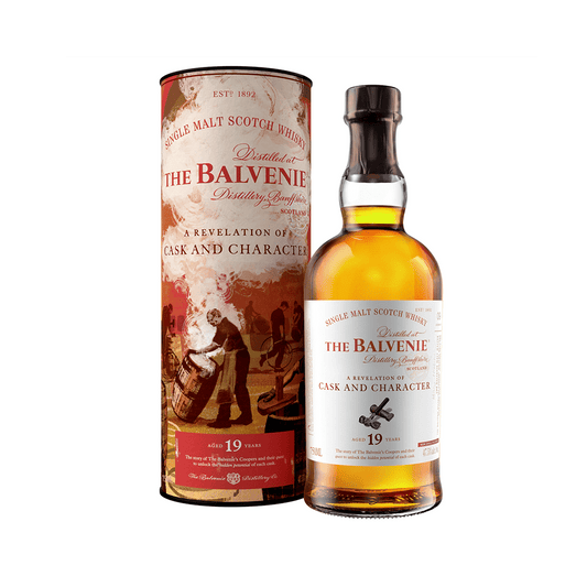The image features a 19-year-old single malt Scotch whisky from The Balvenie, presented in a stylized bottle and packaging that highlights its premium quality and Scottish heritage. The bottle is distinguished by a label that includes the name "The Balvenie" and the phrases "A Revelation of Cask and Character" and "19 Years Old".