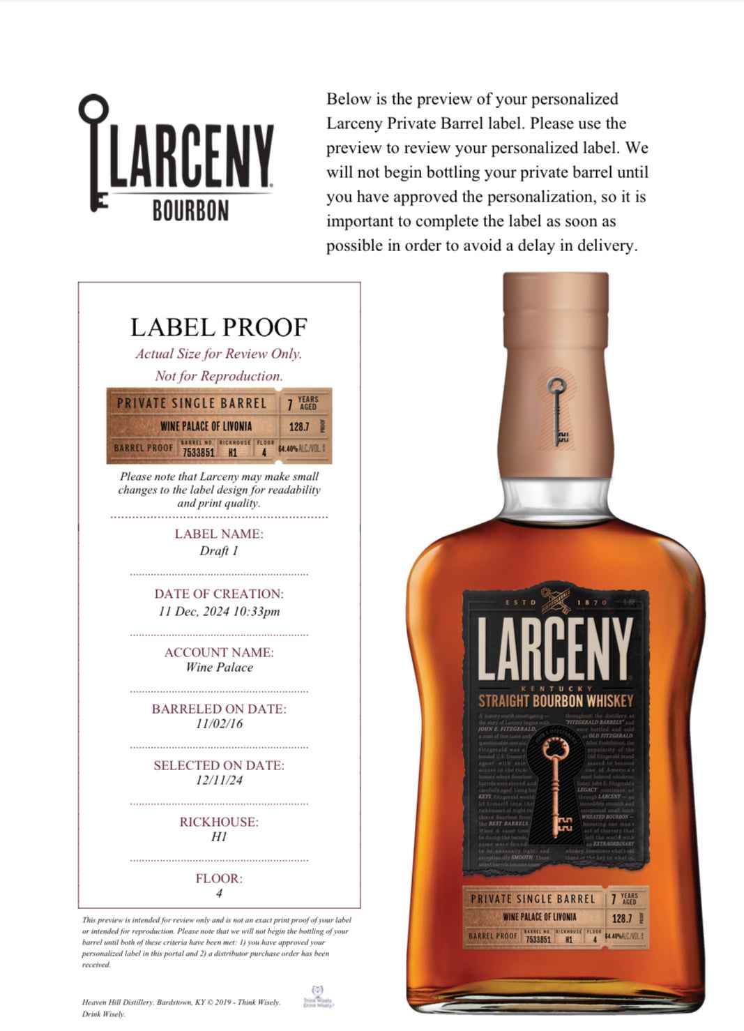 Larceny Barrel Proof Private Single Barrel Aged 7 Years 128.7 Proof Bourbon