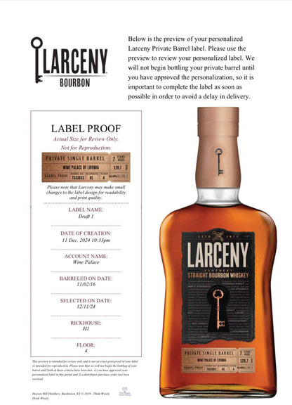Larceny Barrel Proof Private Single Barrel Aged 7 Years 128.7 Proof Bourbon