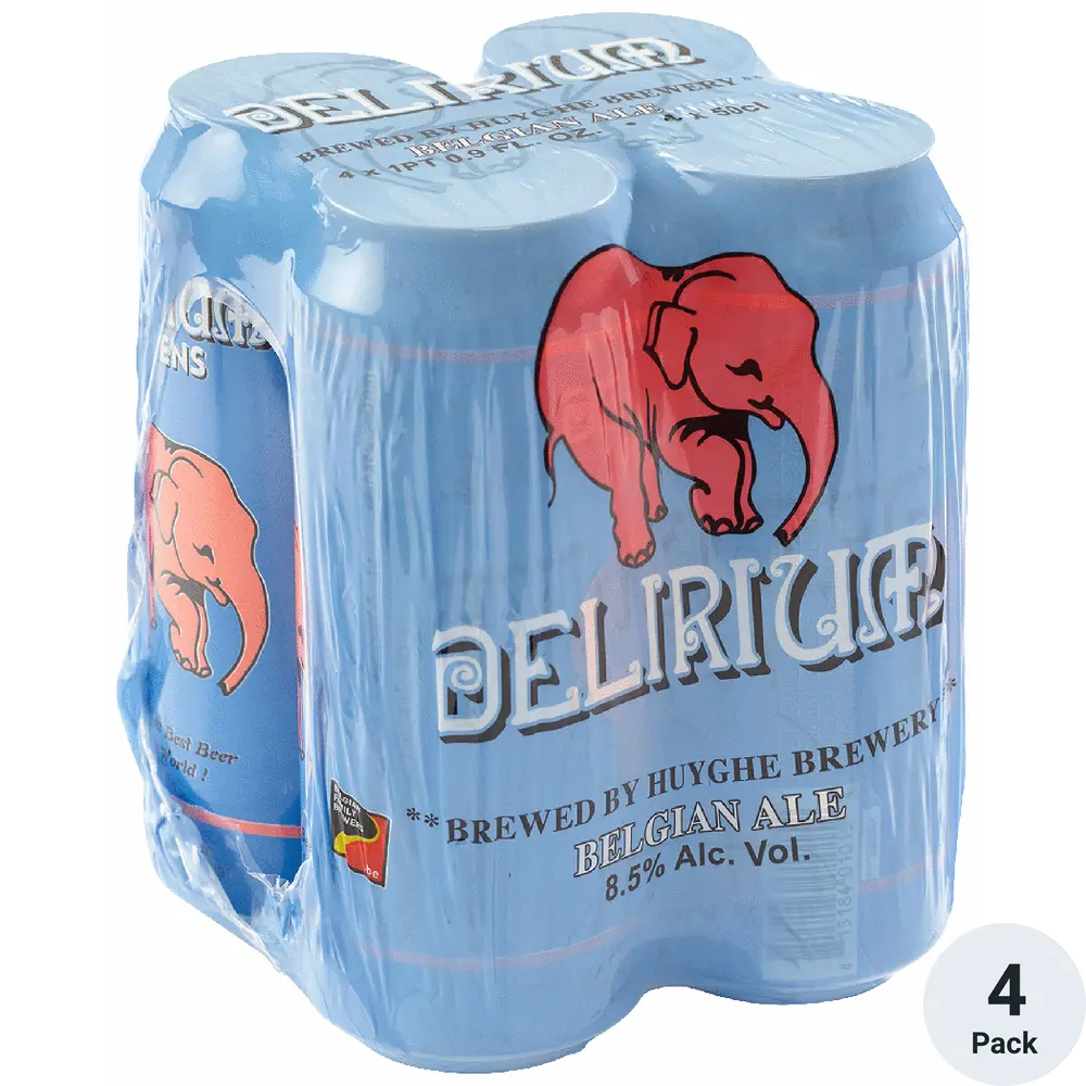 A 4-pack of Delriue Belgian Ale 8.5% ABV in light blue plastic-wrapped cans, featuring a red elephant logo and a white circular '4 Pack' badge in the bottom right corner.